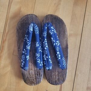 Wooden Sandals with Blue Floral Straps
